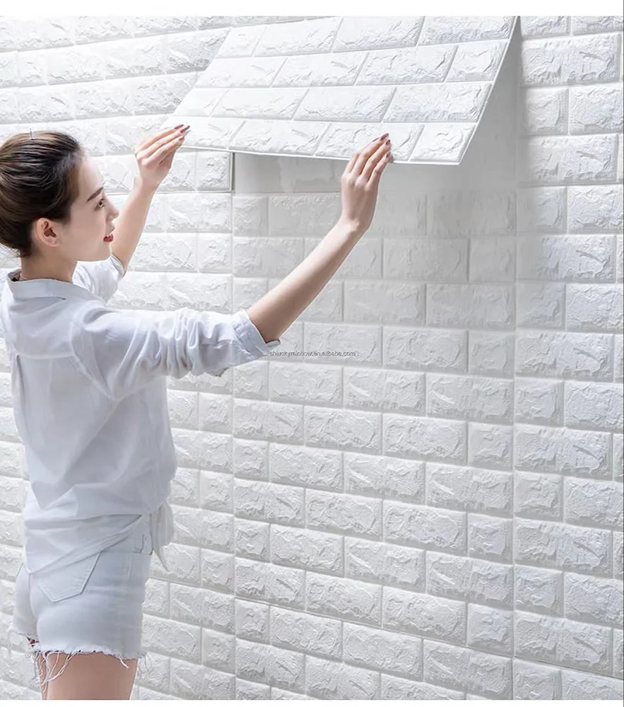 Wall Stickers Wallpaper PE Foam Brick Design DIY Decal (70 x 77 cm) 3D Frames PVC DIY Self Adhesive (White)