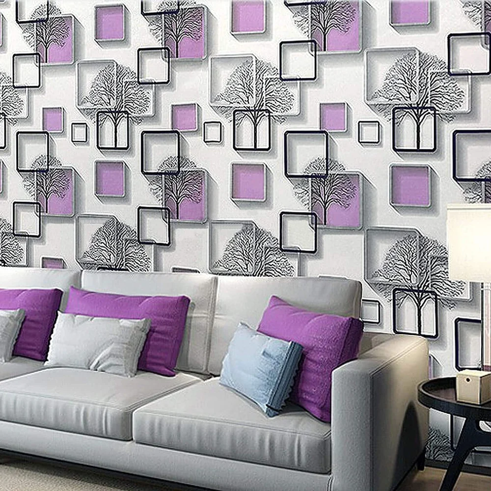 Wall Stickers DIY Wallpaper (45 x 500 cm) 3D Frames and Trees Self Adhesive Decals Living Room Home Interior Decoration, Peppy Purple