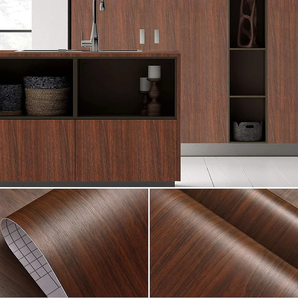 Wall Stickers Wood Wallpaper DIY PVC Shelf Liner, Furniture, Almirah, Table Top, Wardrobe, Kitchen Cupboard Decal, Mahogany Brown 45 x 300 cm