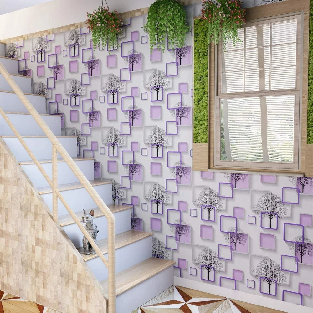 Wall Stickers DIY Wallpaper (45 x 500 cm) 3D Frames and Trees Self Adhesive Decals Living Room Home Interior Decoration, Peppy Purple